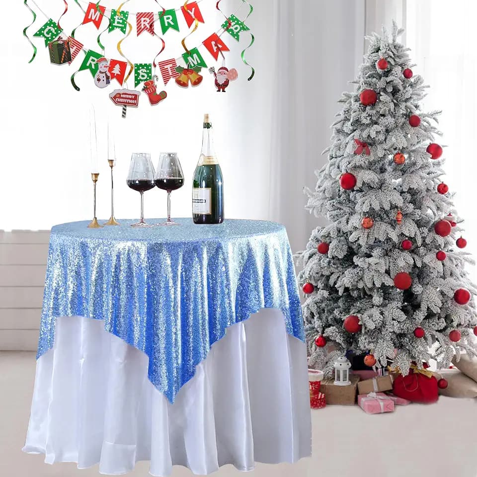 Light Blue Sequin Tablecloth 50X50 inch Round Glitter Shimmer Tablecloth for Christmas Wedding Baby Shower Birthday Party Dinners Sparkly Tablecloth Decoration