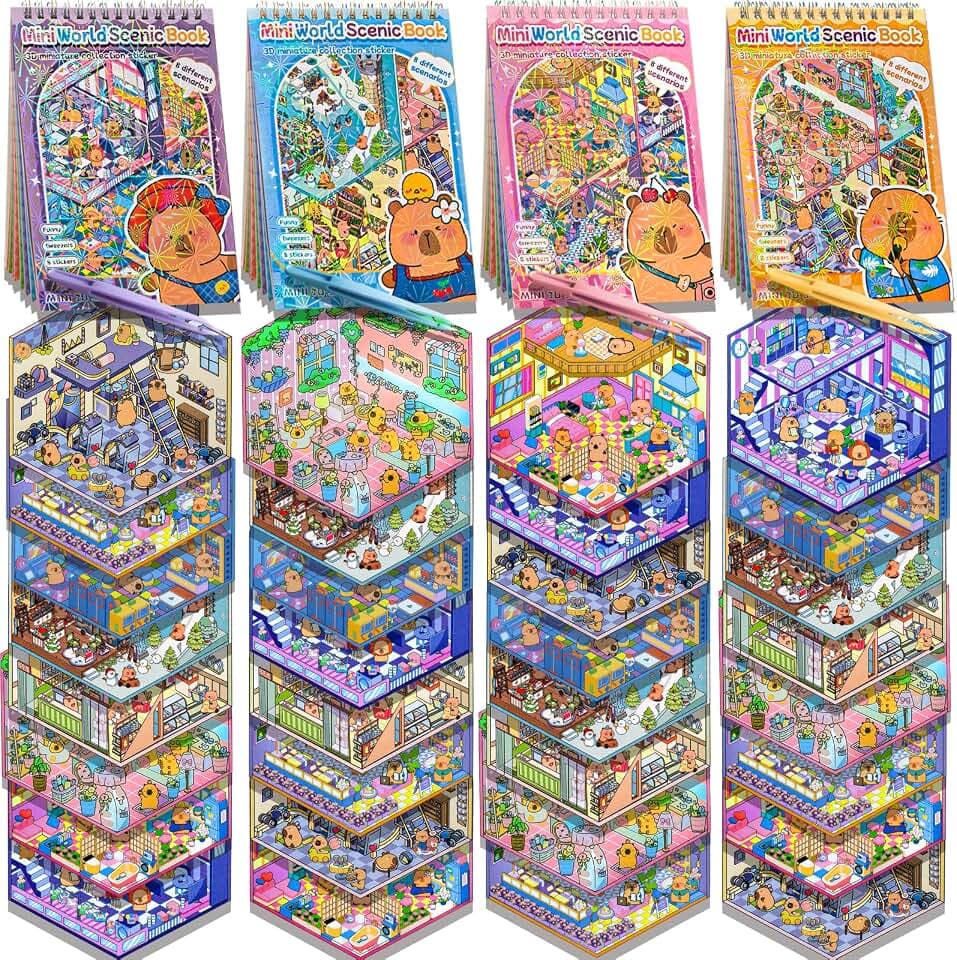4 Sticker Books,32 Sets (1200+) DIY 3D Scene Stickers for Kids & Adults