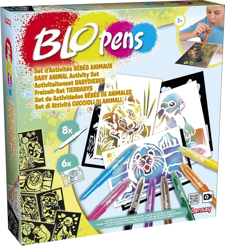 Blopens LANSAY Tierbabys Kreativset zum Zeichnen und Färben - Freizeit-Malset mit Pustestiften für Kinder ab 5 Jahren - 8 Stifte, 20 Schablonen & Zubehör - Kreatives Malen und Basteln - Lansay