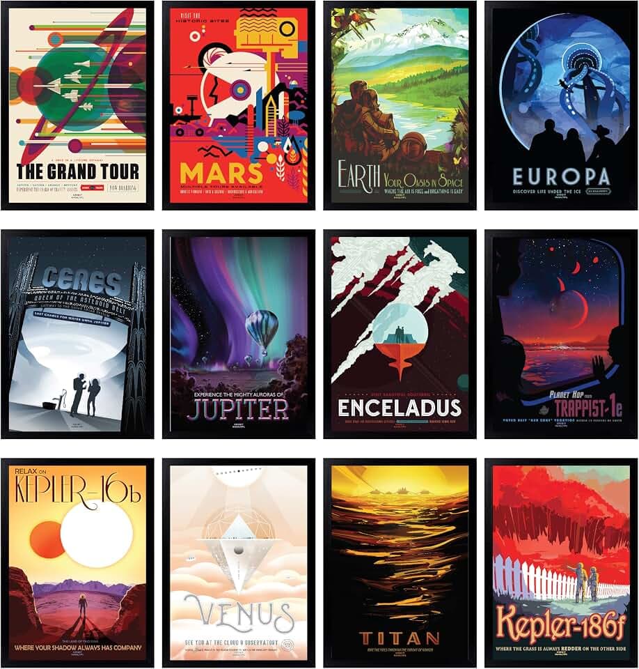 97 Decor Weltraum-Dekoration für Jungenzimmer – Vintage-Poster für Schlafzimmer, Männer, Sci-Fi-Planeten, ästhetisch, Retro-Wandkunstdrucke, Futurismus-Astronomie-Bilder für Kinder (17,8 x 25,4 cm
