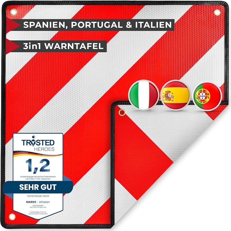 ATHELON® 3in1 Warntafel für Italien, Spanien & Portugal - Hochwertige Warntafel Italien für Fahrradträger & Wohnmobil - Reflektierendes Warnschild