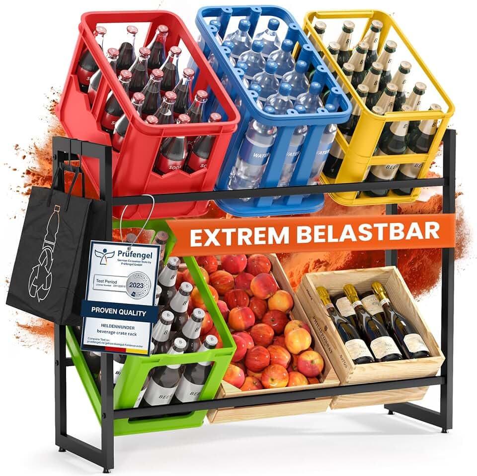 Heldenwunder Getränkekistenregal (6 Kisten) Metall 2 Haken - Höhenverstellbar, Extrem Standfest | Bierkisten-Regal Wasser-Kistenregal Getränke-Regal Weinkistenregal Getränkekisten Flaschenregal