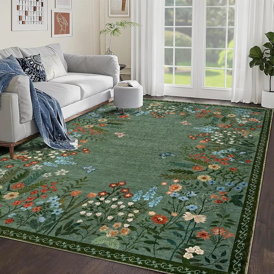 GarveeHome Boho 9x12 Washable Floral Rugs for Bedroom Bathroom Rug Non Slip Washable, Soft Indoor Carpet Throw Carpet for Kitchen Laundry Living Room Foyer (Green, 9x12)