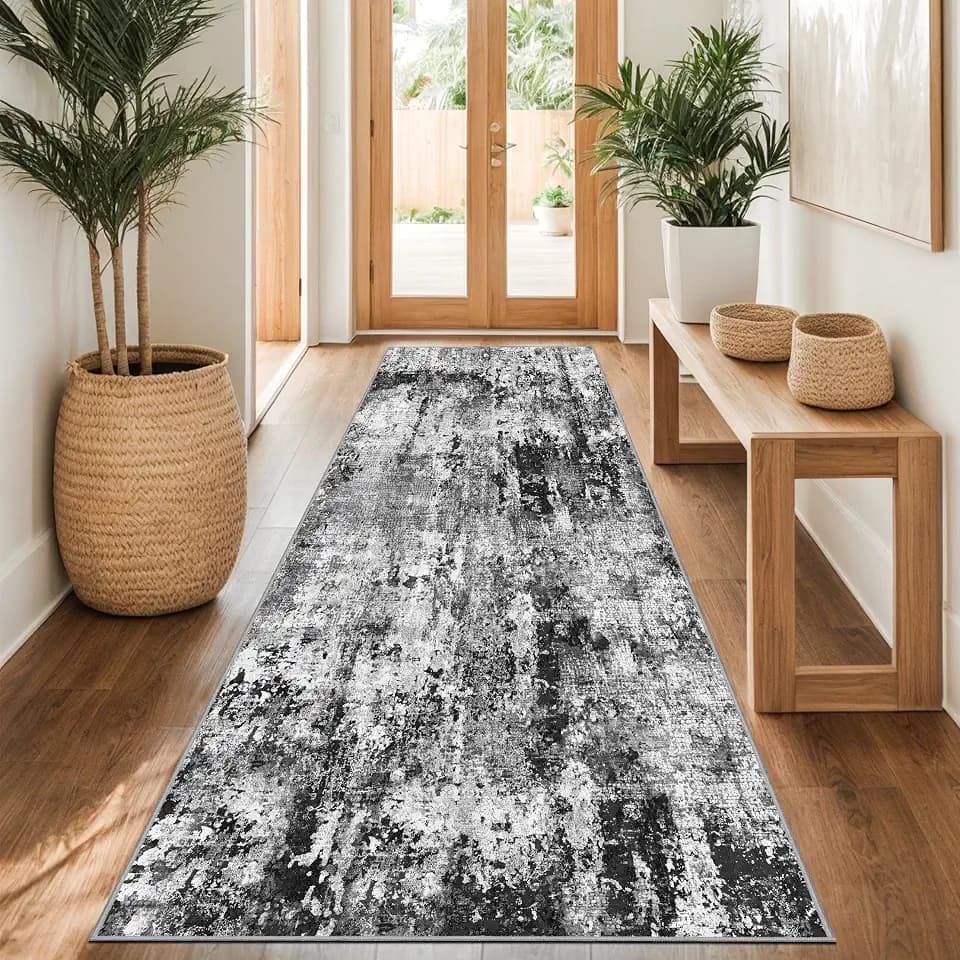 Capslpad Abstrakter Teppich Läufer Flur 80x300cm Waschbar, Schwarz