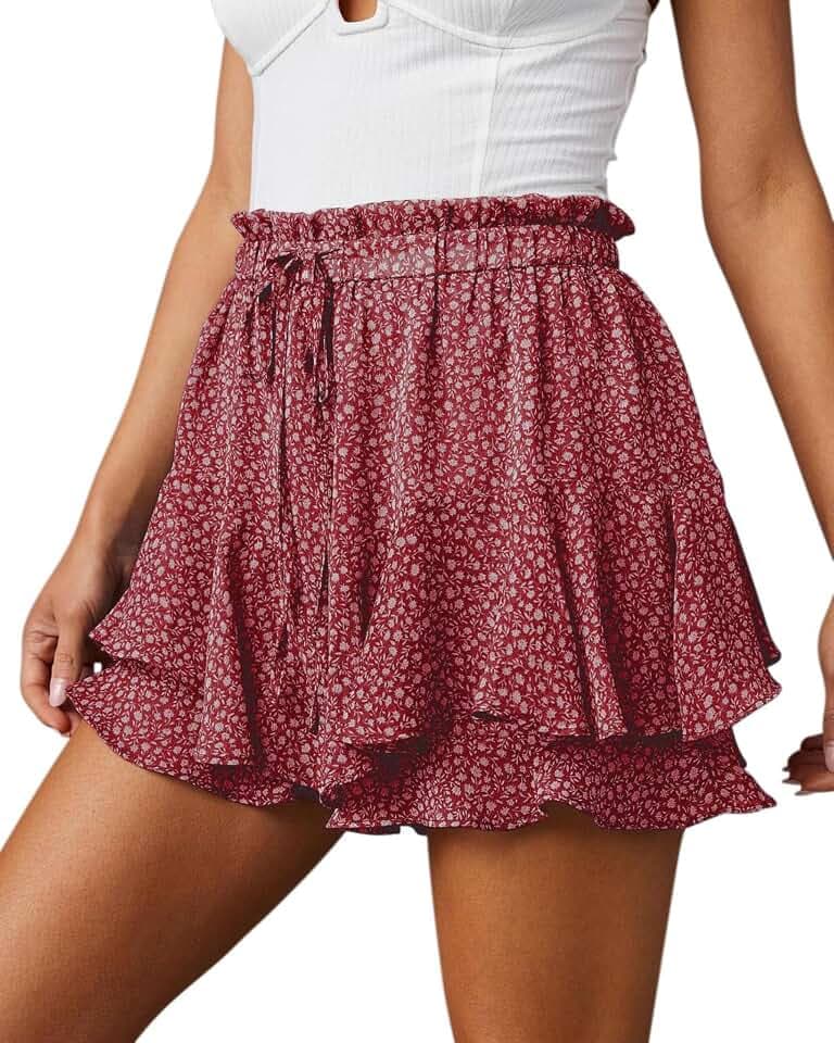 Oyamiki Blumen-Skorts für Damen, Mini-Rüschenrock, plissiert, Sommer, lässig, fließende Röcke, elastische Taille, mehrlagige Boho-Shorts