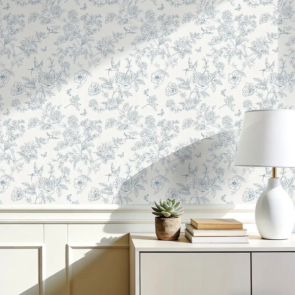 Floral Peel and Stick Wallpaper White and Blue Vintage Flower Contact Paper