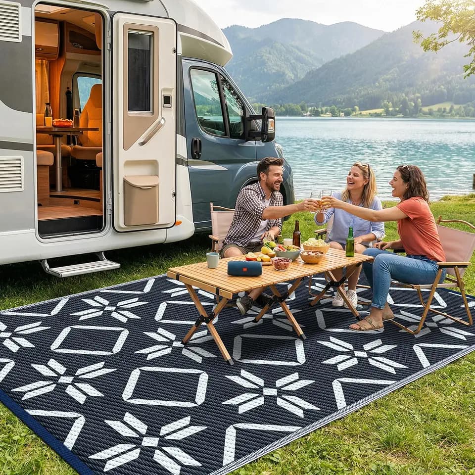 Kohree Outdoor Rug, Diamond Flower, 6x9 ft, Blue