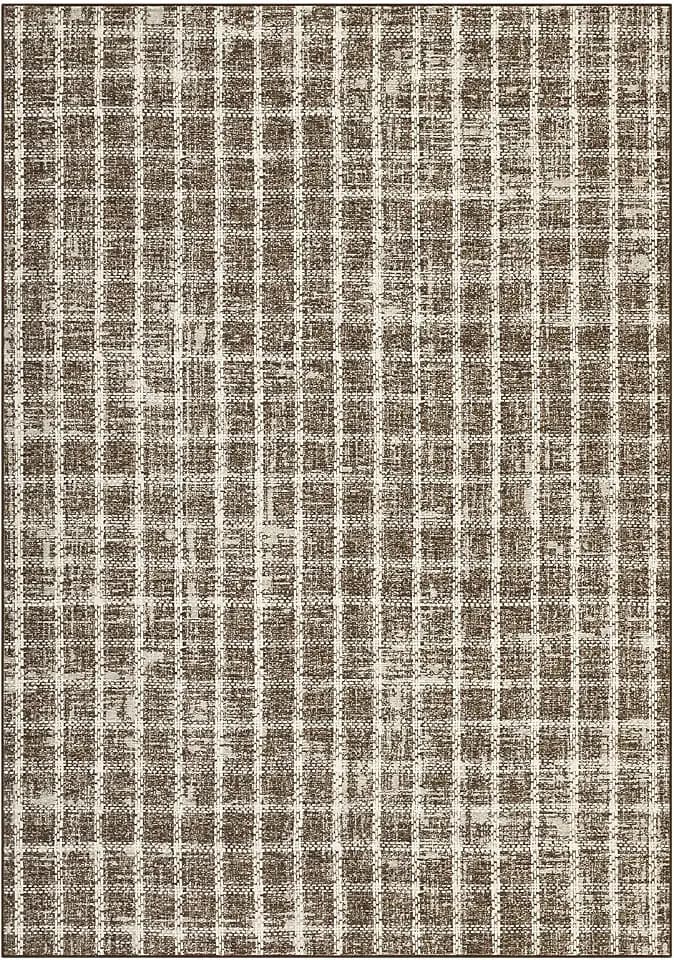 5x7 Area Rug for Living Room, Modern Checkered Print Non Slip Bedroom Rugs Washable Low Pile Large Dining Room Carpet Indoor Stain Resistant Floor Cover for Home Office, Taupe