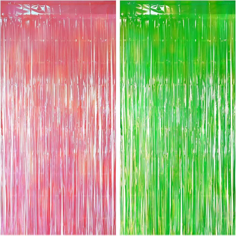 2 Pack Pink & Green Party Streamers Backdrop Curtains, 3.3x8.2ft Holographic Tinsel Foil Curtain Photo Booth Props for Birthday, Wedding, Holiday Celebration, Bachelorette, Theme Decorations