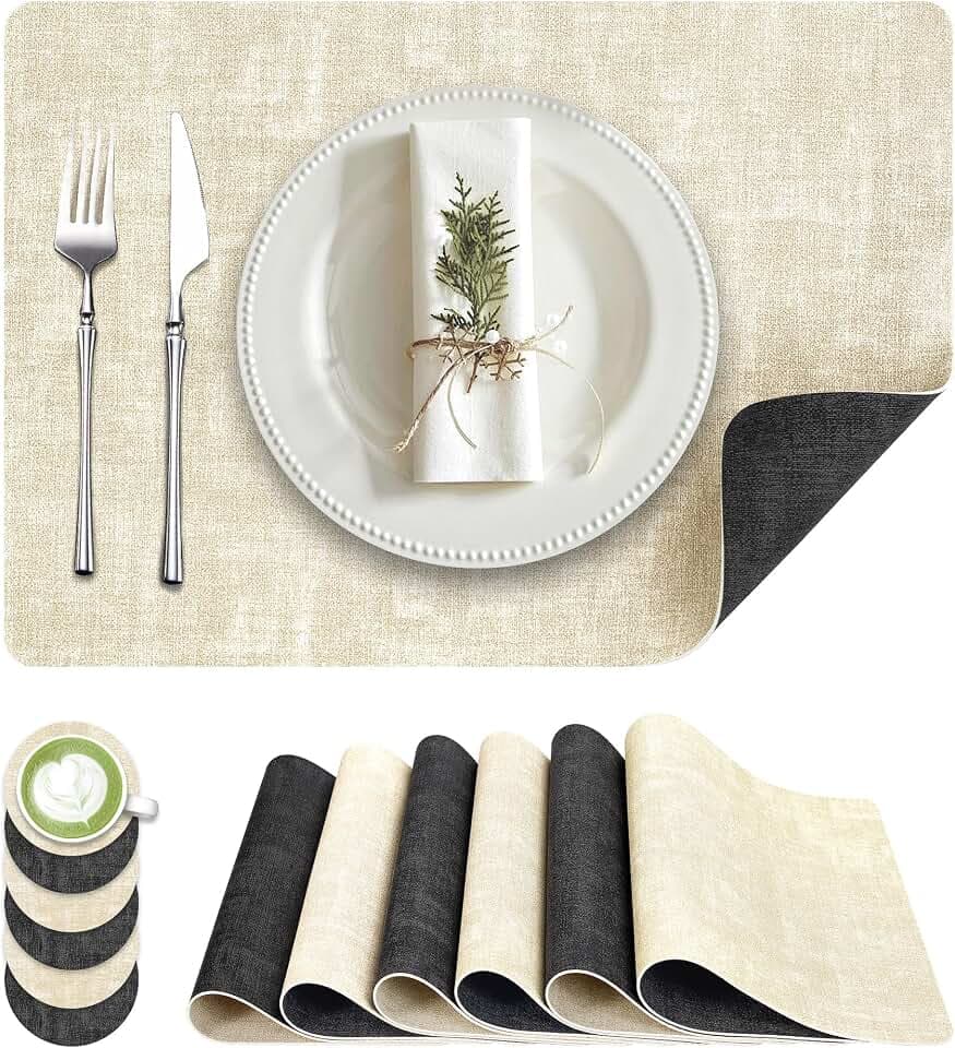 Fyvva Placemats Set of 6 Wipeable Reversible Faux Leather with Coasters