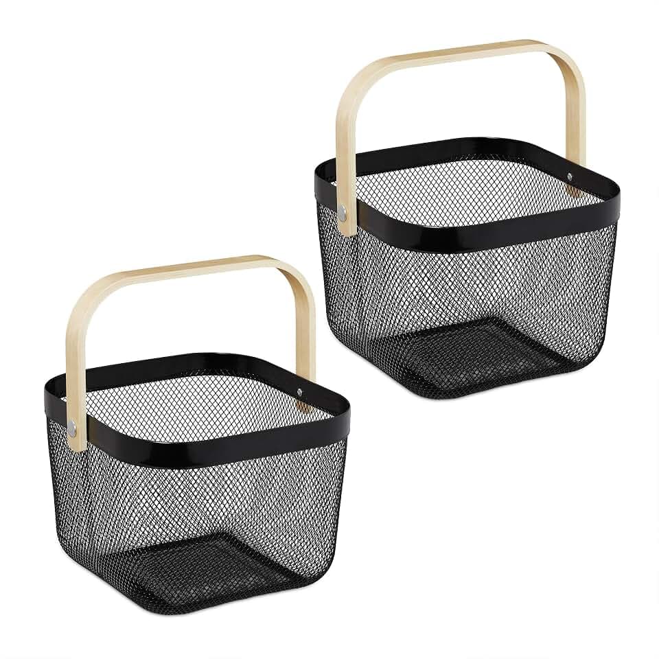 Relaxdays Drahtkorb mit Henkel, 2er Set, Metall, Bambus, HxBxT: 17,5 x 26 x 24,5 cm, eckiger Aufbewahrungskorb, Farbwahl
