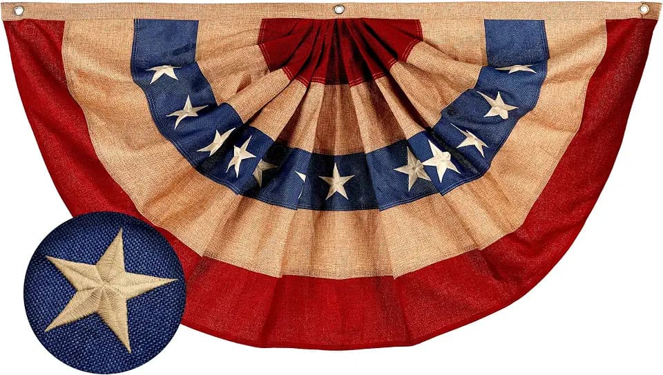 G128 USA Tea Stained Pleated Fan Flag 3x6FT Burlap Embroidered Polyester Stars and Stripes