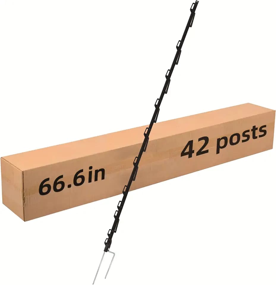 Step-in Electric Fence Posts 42 Pack, 66.6 Inch Plastic, Double Steel Spike, 59 Inch High Above Ground, Including 18 Clips for Holding Wire and Tape, Black