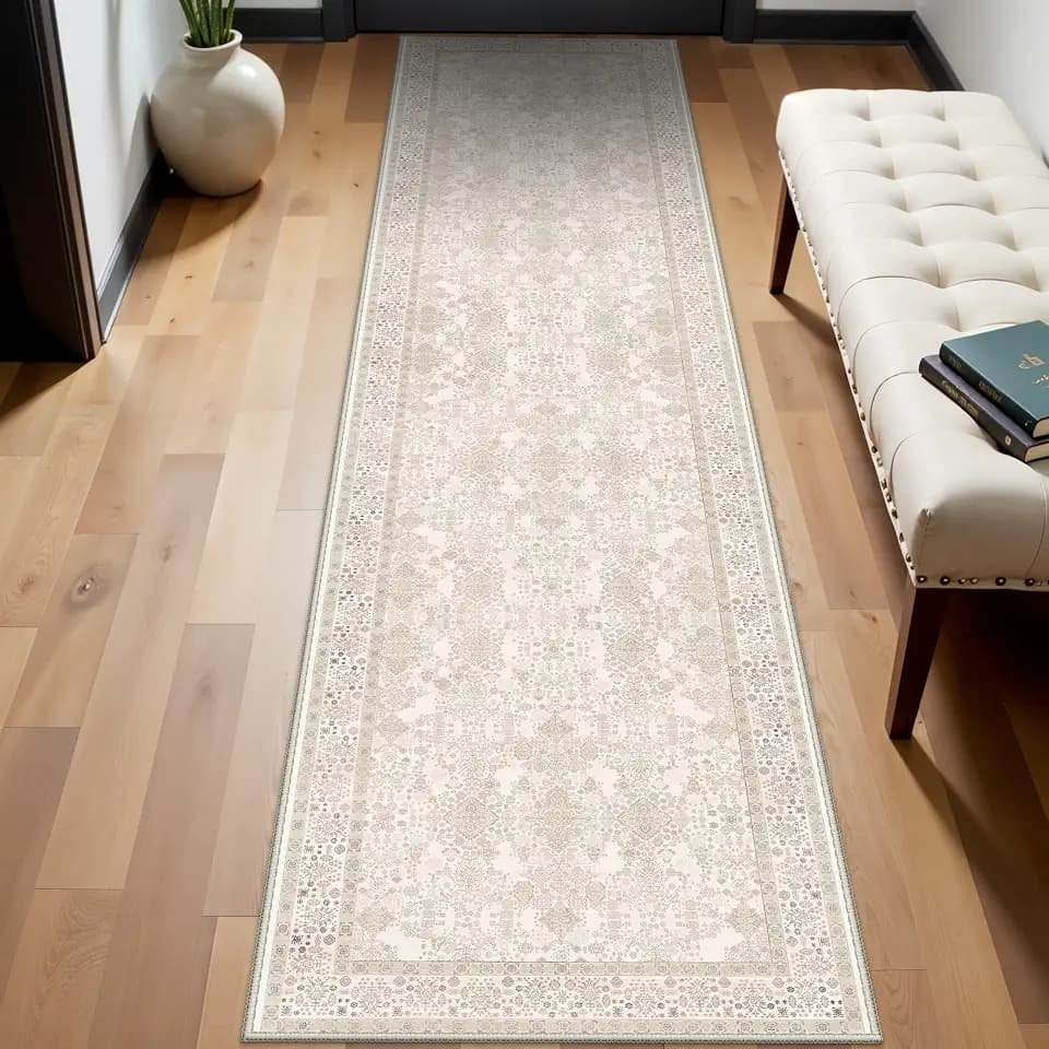Washable Runner Rug for Hallways Kitchen Rugs 2x8 Pinkish Ivory Beige - Non-Slip Stain Resistant Mat for Laundry Room Bathroom Soft Vintage Farmhouse Runners for Entryway Bedroom Dining Room
