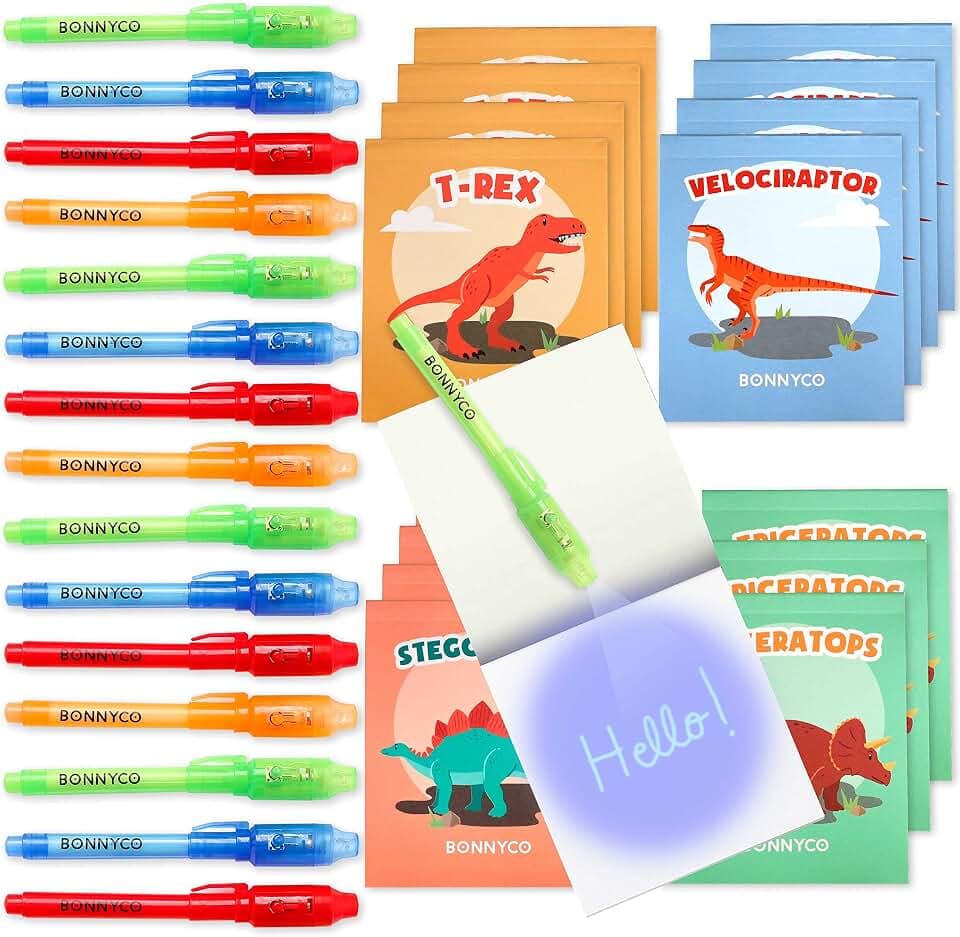 BONNYCO UV Stift und Notizbuch, 16 Stück Dino Mitgebsel Kindergeburtstag Junge und Mädchen. Kindergeburtstag Gastgeschenke, Kleine Geschenke für Kinder. Adventskalender Inhalt, Dino Geburtstag Deko