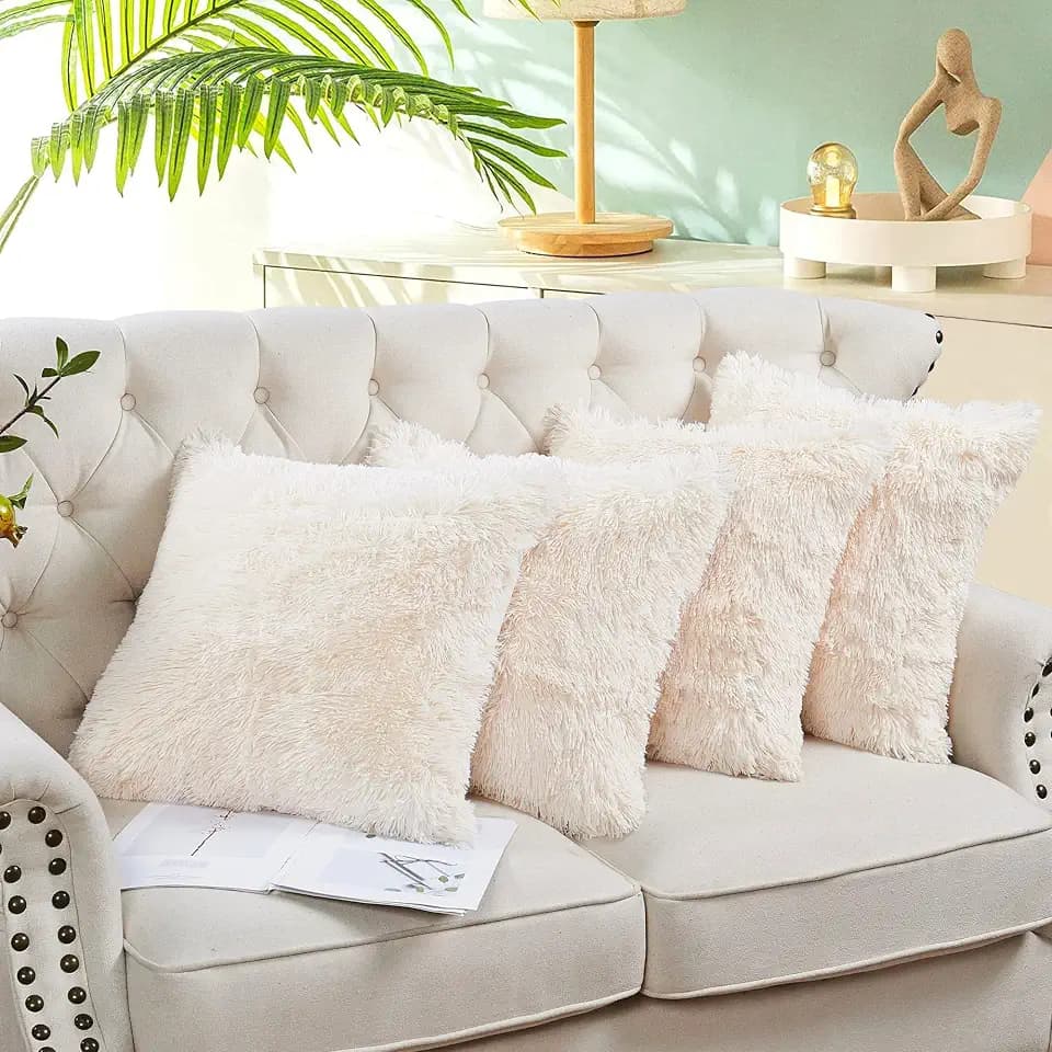 Home Soft Things Shaggy Pillow Covers 4 pcs, Ivory, 20'' x 20'', Warm Cozy Plush Decorative Throw Pillow Cover Square Couch Cushion Cover Home Décor