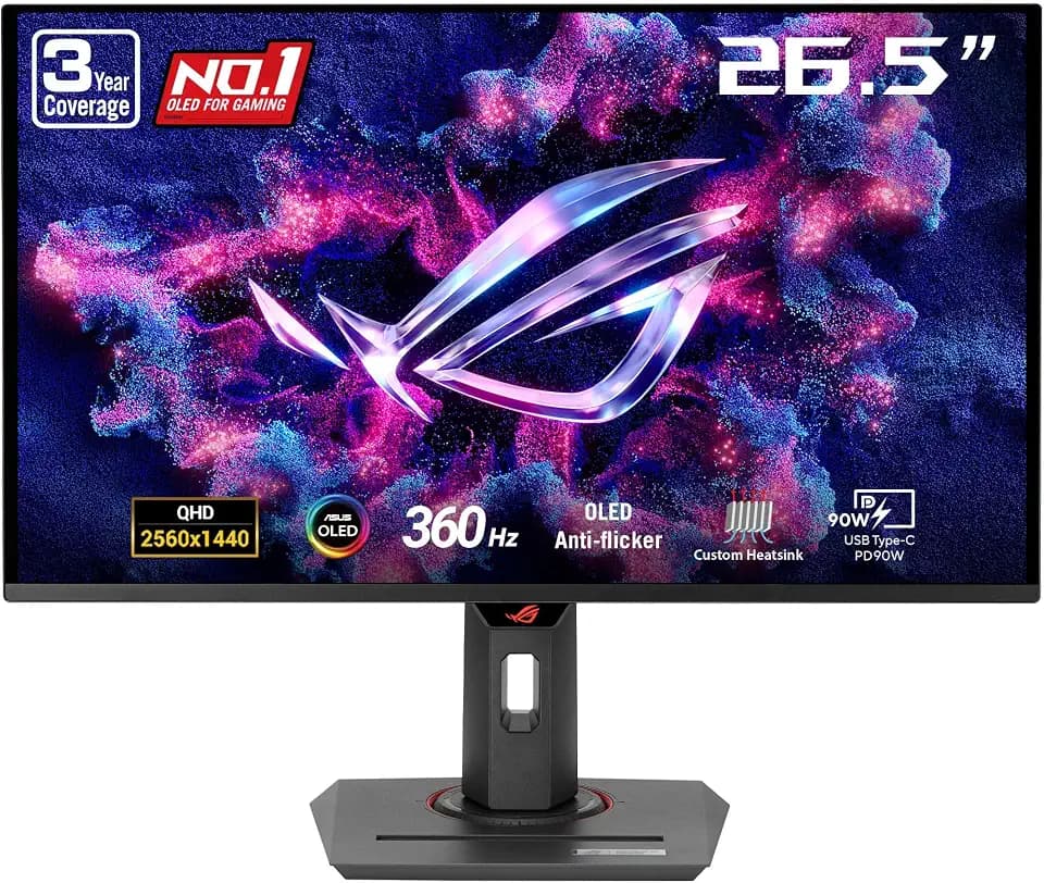 ASUS ROG Strix 26.5” 1440P QD-OLED Gaming Monitor (XG27ACDNG) -QHD (2560x1440), 360Hz, 0.03ms, Custom Heatsink, OLED Care+, G-SYNC Compatible, 99% DCI-P3, DisplayWidget, AI Gaming, 3yr Warranty