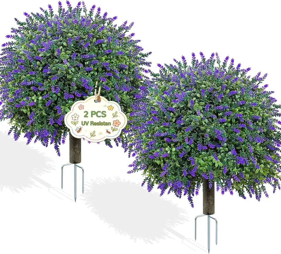 27.5" Artificial Lavender Topiary Ball Trees, 2 Pack UV Resistant Fake Evergreen Shrubs Bushes Plants with Metal Ground Spike, Fake Plants for Outdoor Indoor Front Porch Garden Decor