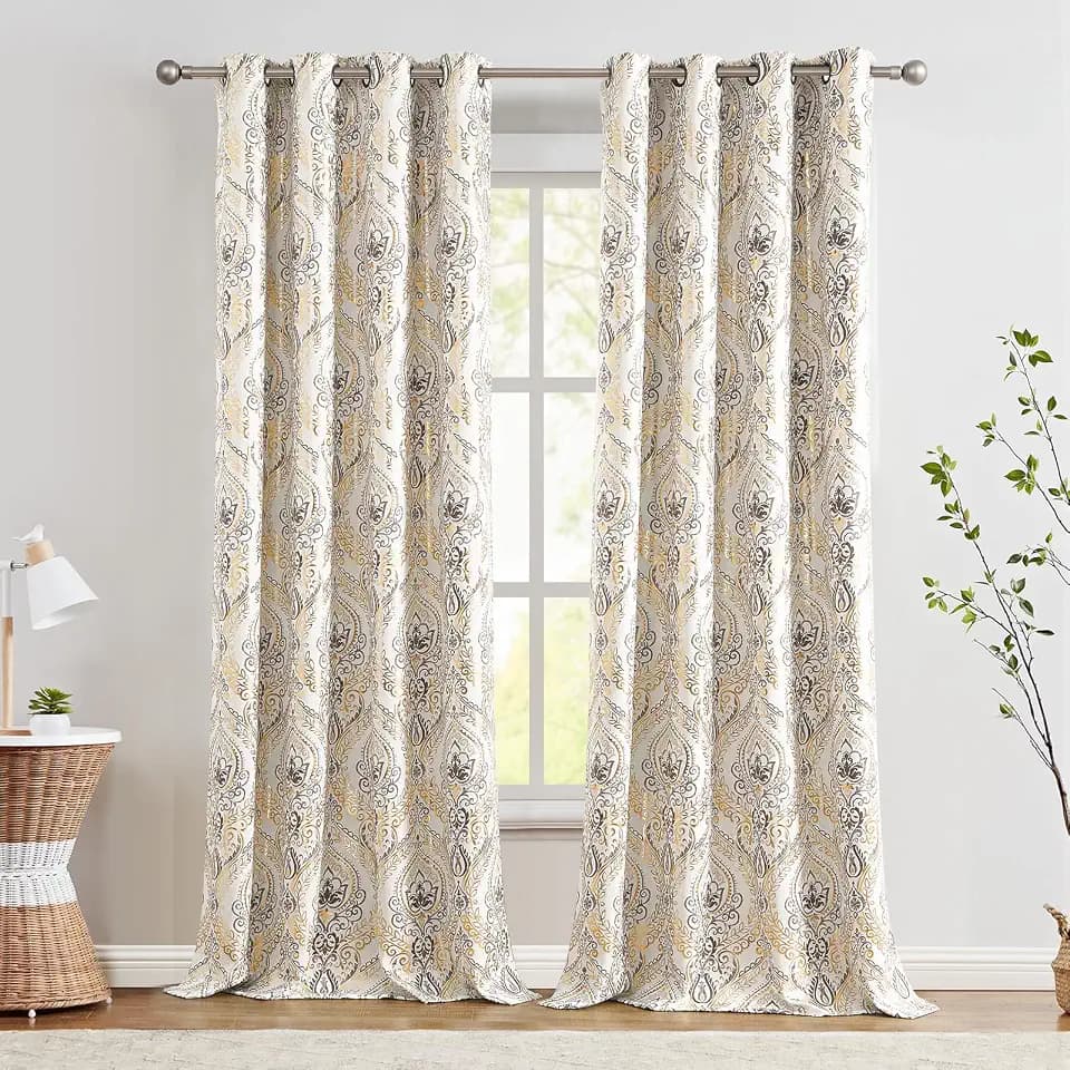 jinchan Gold Foil Blackout Curtains 96 Inch Damask Grommet 2 Panels