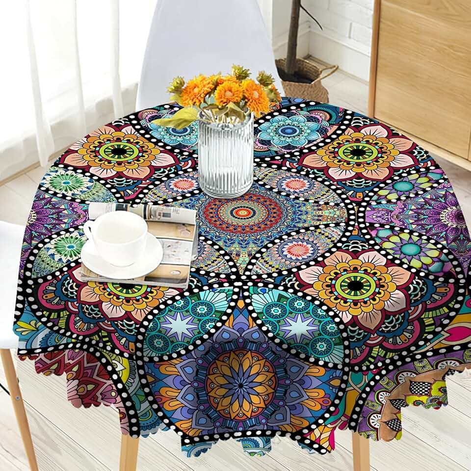 Eikione Boho Round Tablecloth, 60inch Bohemia Stain-Resistant Table Cover