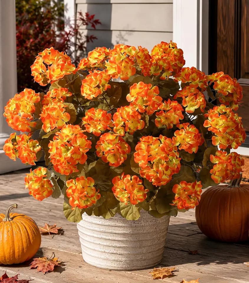 Fake Geraniums Artificial Flowers for Outdoors Autumn Decoration, 6 Bundles Silk Geraniums Look Real Faux Fall Flowers Plants for Front Door Garden Planter Patio Balcony Yard Home Indoor, OrangeYellow