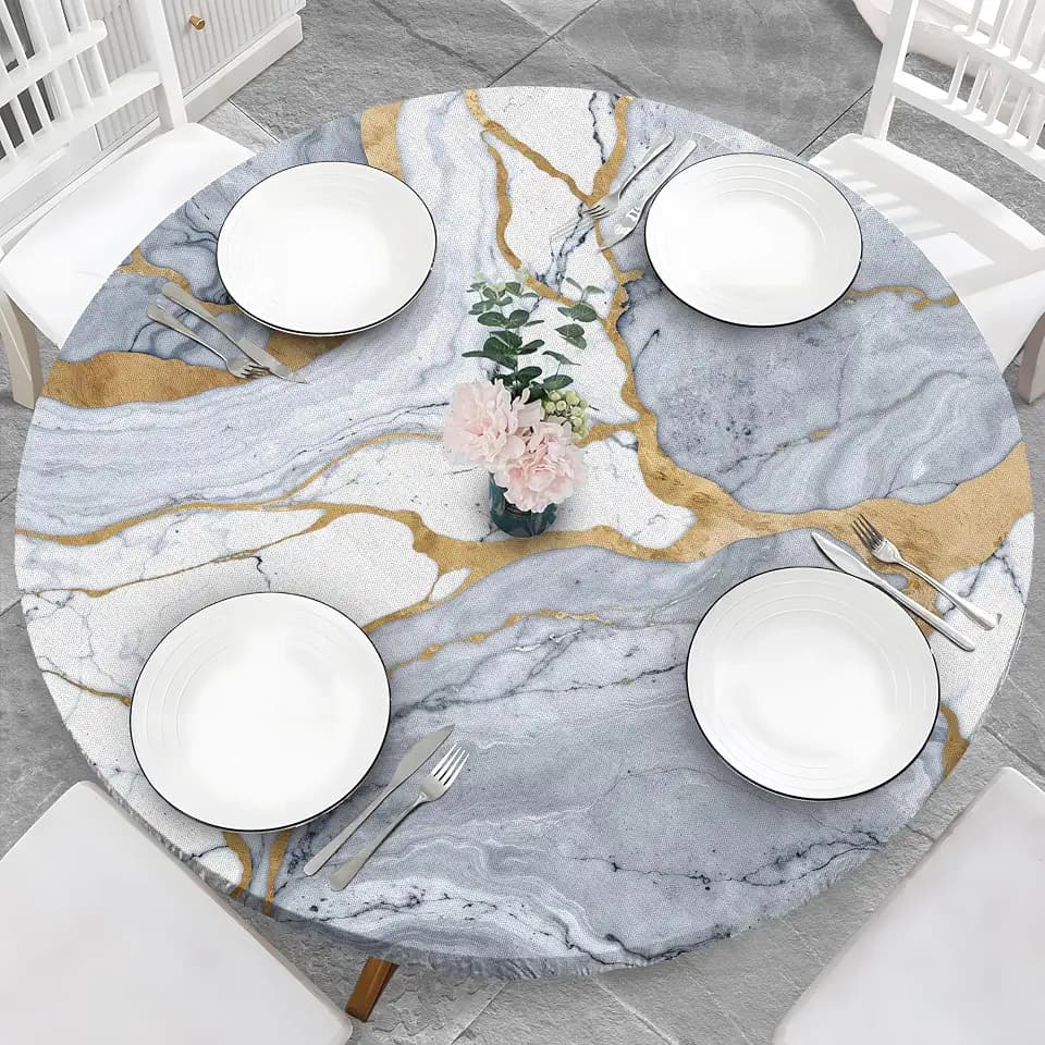 Marble Grain 48 Inch Round Fitted Cloth Tablecloth with Elastic Edged, Waterproof Oil Proof Wipeable Table Cover for Indoor Outdoor Patio Table, Fits Round Tables Up to 46" - 50" Diameter