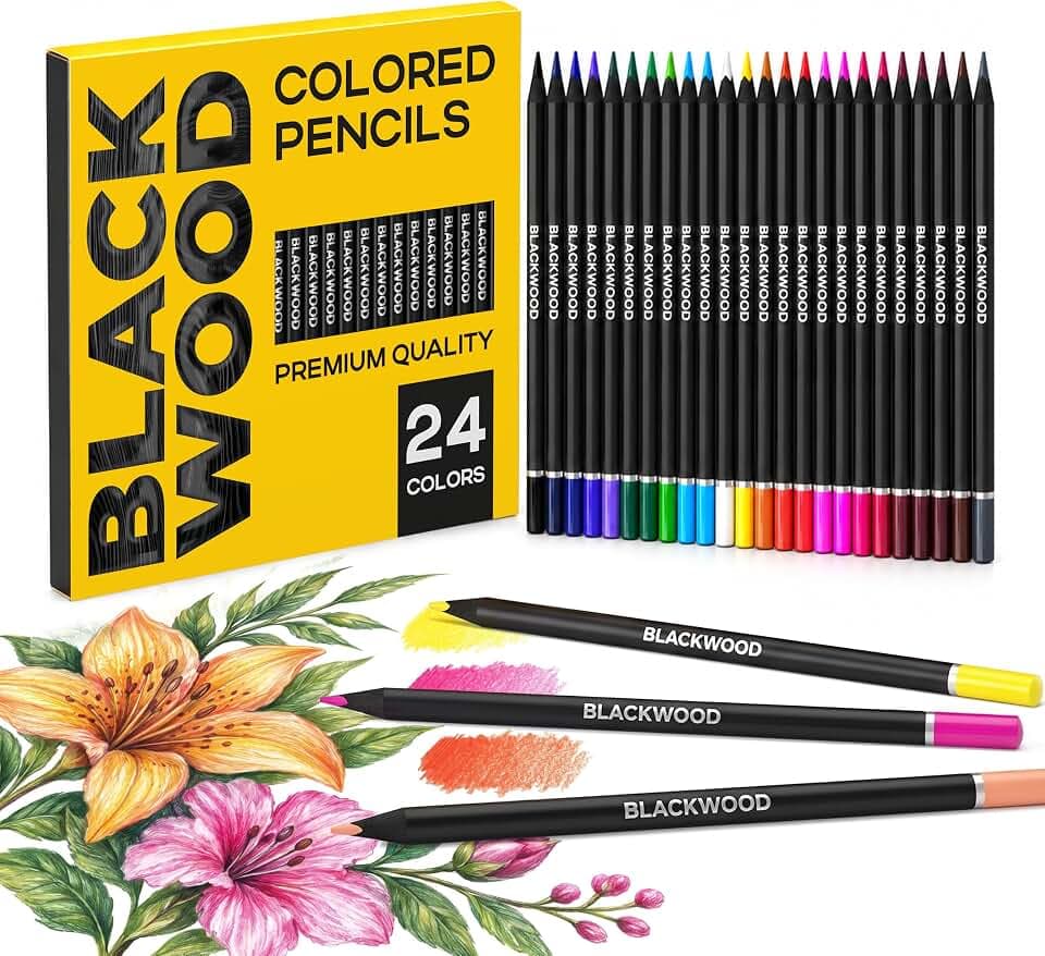 Blackwood Colored Pencils Set – 24 Soft Core Triangular Colored Pencils, Premium Black Wood, Pre-Sharpened, 3mm Lead for Drawing, Sketching & Coloring