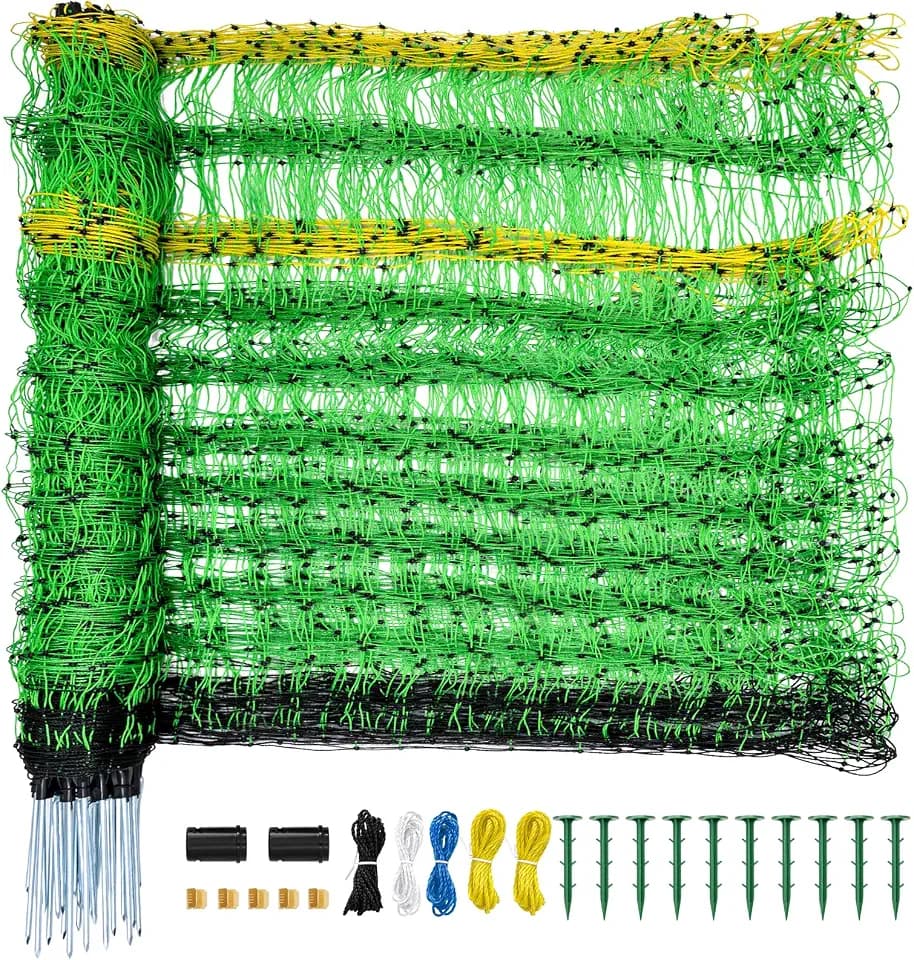Electric Fence Netting, 42.5" H x 164' L, Portable Livestock Net Fencing with Double-Spike Posts, Movable Mesh for Goats, Sheep, Hogs, Deer & Dogs, Predator Control for Backyard, Farm & Homestead