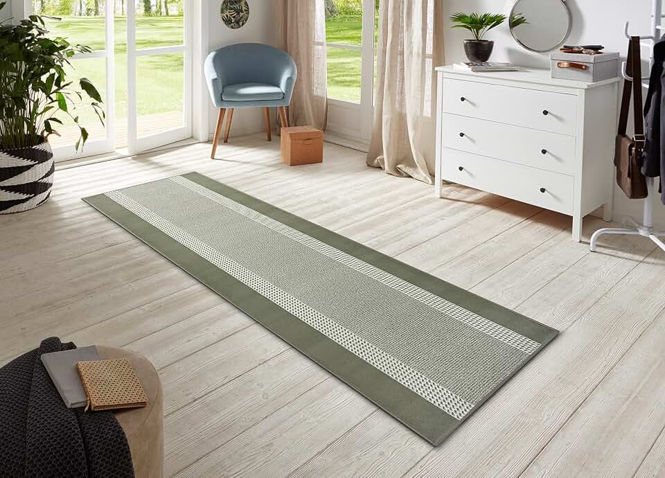 Hanse Home Teppich Läufer Band 80x300cm – Teppichläufer Weicher Kurzflor Teppich Modernes Design Läufer für Flur, Schlafzimmer, Kinderzimmer, Badezimmer, Wohnzimmer, Küche Dekoläufer – Grün