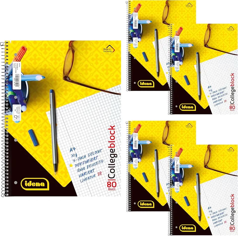 Idena 90367-5 Stück Collegeblock A4 mit 80 Blatt kariert und Doppelrand, Block mit Spiralbindung, 70g/m² Papier 4-fach gelocht und perforiert