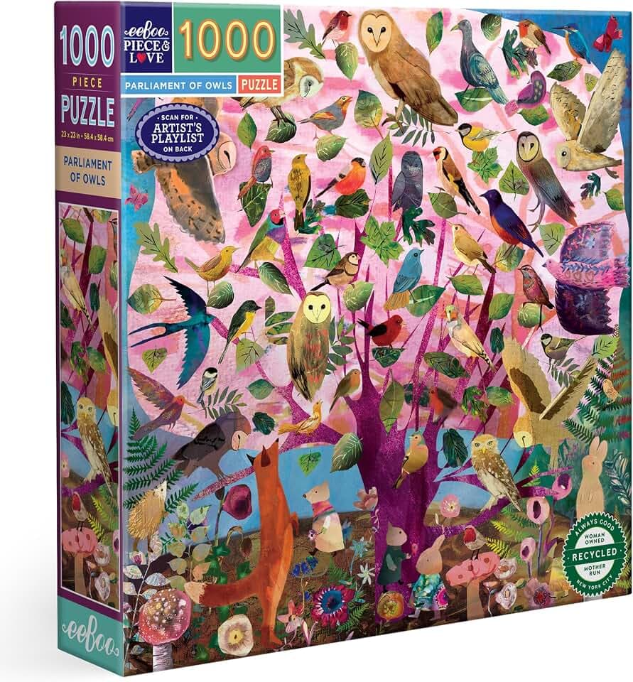 eeBoo 1000 Piece Puzzle - Parliament of Owls Jigsaw Puzzle for Adults, Square 23" x 23" Made with Recycled Board & Vegetable-Based Ink
