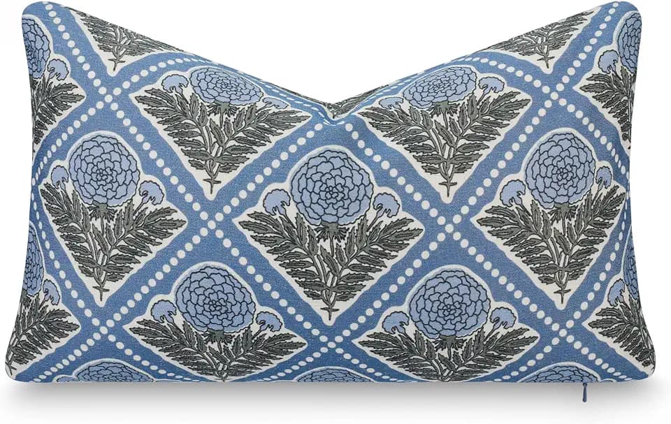 Crumbs Home California Casual Coastal Indoor Outdoor Lumbar Pillow Cover, 12"x20" Water Repellent for Patio, Backyard, Couch, Azure Light Blue Block Print Vintage Hydrangea Flowers