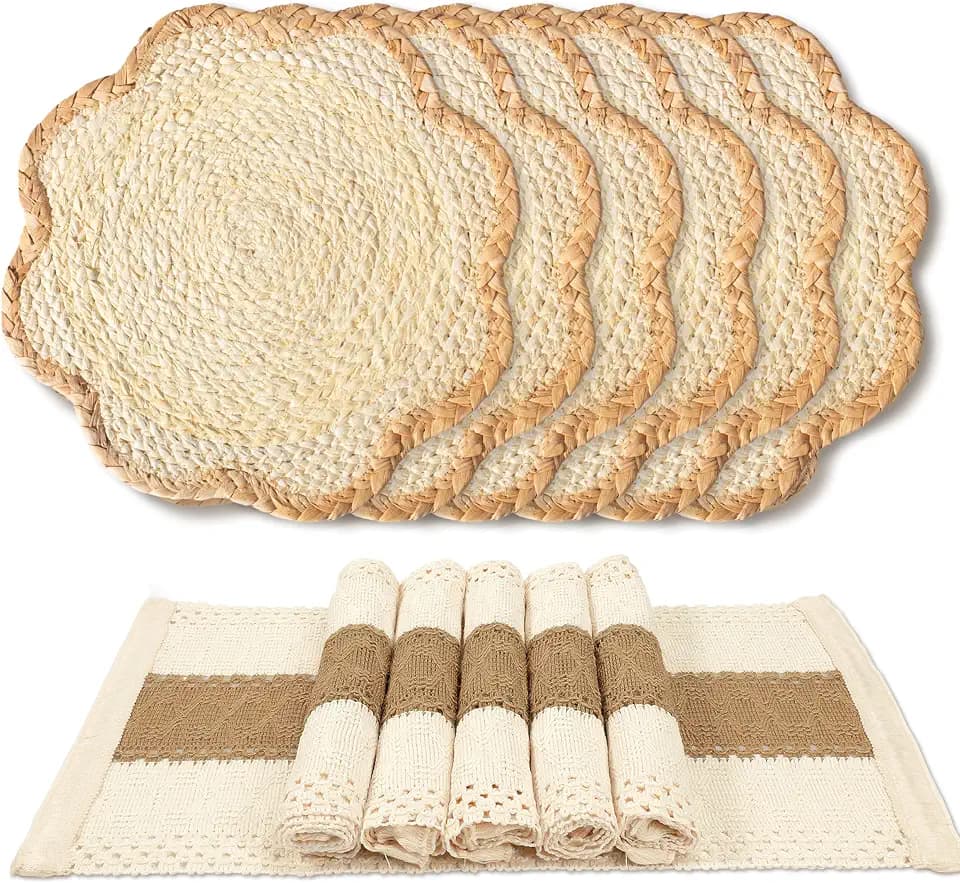 6pc Sunflower Rattan Placemat Set, Woven Boho Table Mats, Natural