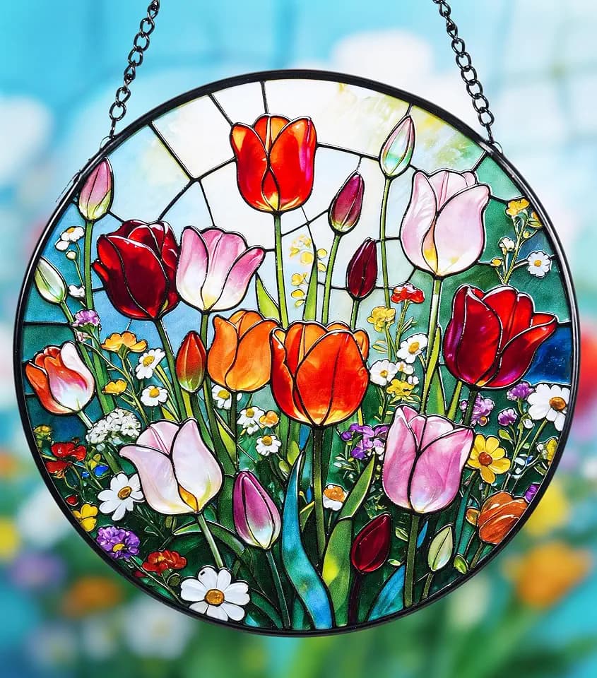 Stained Glass Window Hanging Tulip Suncatcher 7.8"
