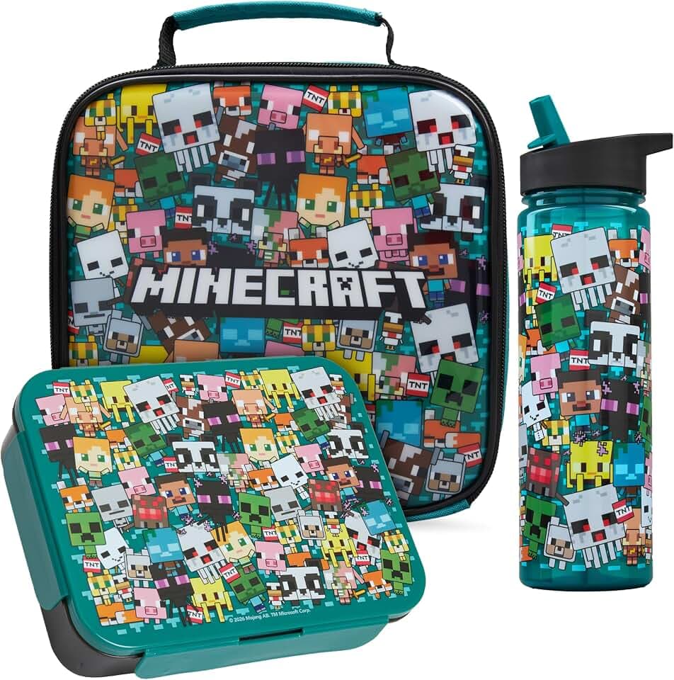 Get Trend Minecraft Brotdose Kinder Set 3-Teilig, 3L Isolierte Lunchtasche, 600ml Trinkflasche & Snackbox mit Fächern, BPA Frei, Leicht & Robust für Schule & Kindergarten (Multi Minecraft)