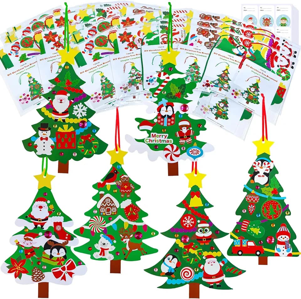 Winlyn 48 Sets Christmas Tree Ornaments Decorations Art Sets DIY Christmas Craft Kits Winter Crafts Pine Tree Snowman Snowflake Santa Xmas Stickers for Kids Holiday Classroom Activities Party Favors