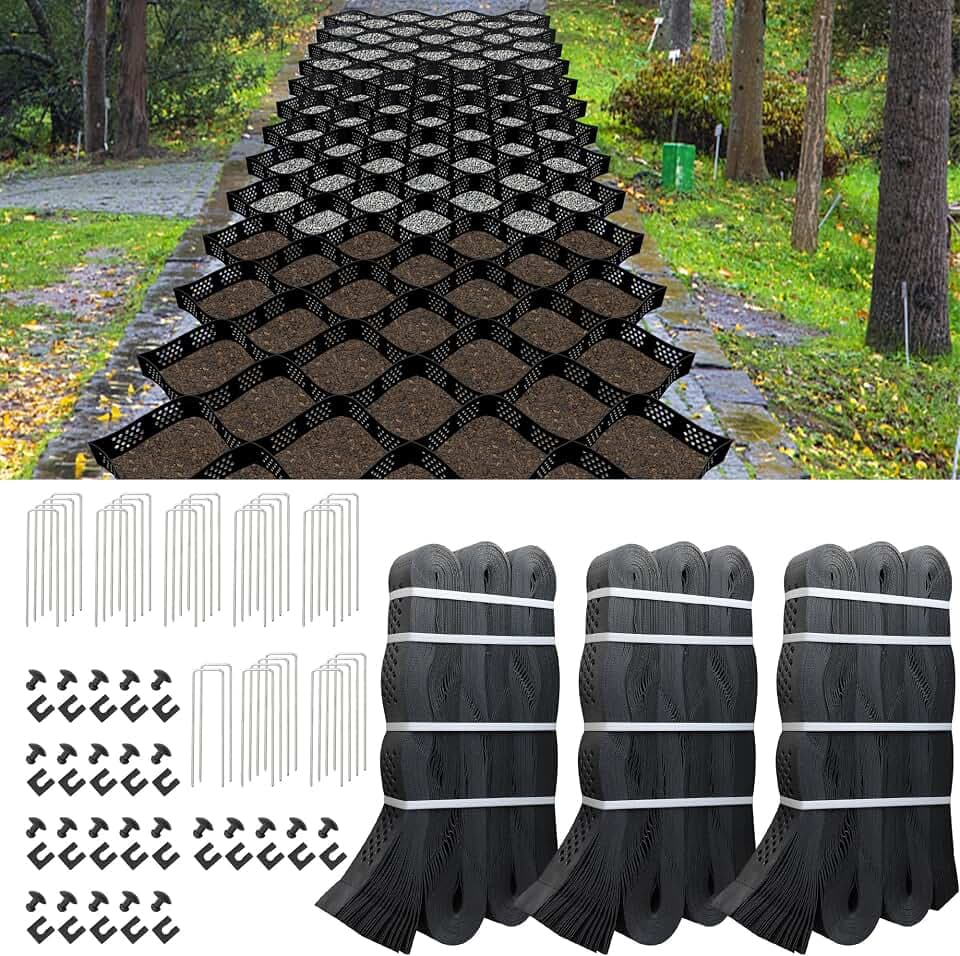 2" Depth Ground Grid, 30x9.8 FT Geo Gravel Grid Driveway 1885 lbs per Sq Ft Load, Geogrid Ground Stabilization System with Connection Buckles and Stakes for Driveways Walkway Slope Pathway & Garden