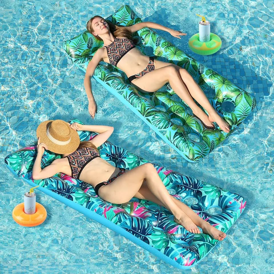 2 Pack Inflatable Pool Floats Adult Heavy Duty Pool Lounger Float Pool Rafts with Headrest Drink Holder Lake Floats Tanning Pool Lounger for Swimming Pools Party Beach