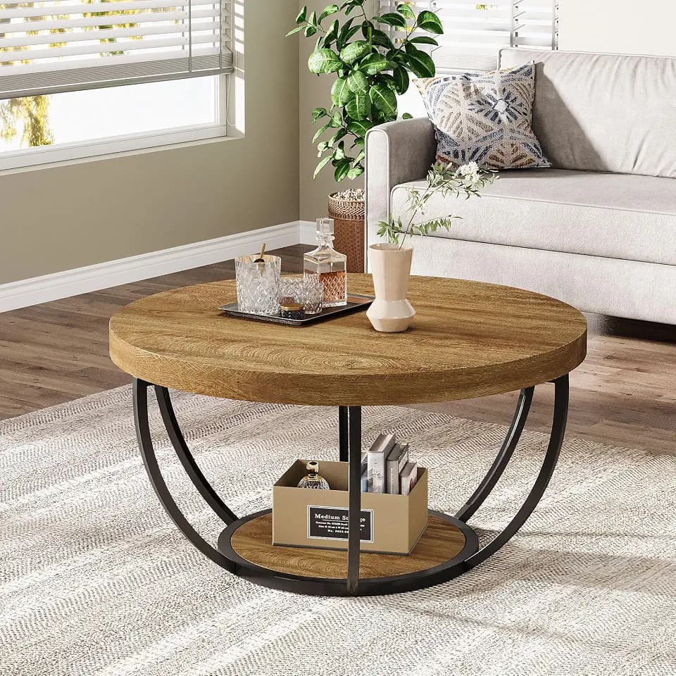 LITTLE TREE Runder Couchtisch, 81,3 cm, runder Couchtisch für Wohnzimmer, 2-stöckiger Holzakzent-Mitteltisch mit offenem Stauraum, Industrie-Design, Wohnmöbel, Hellbraun