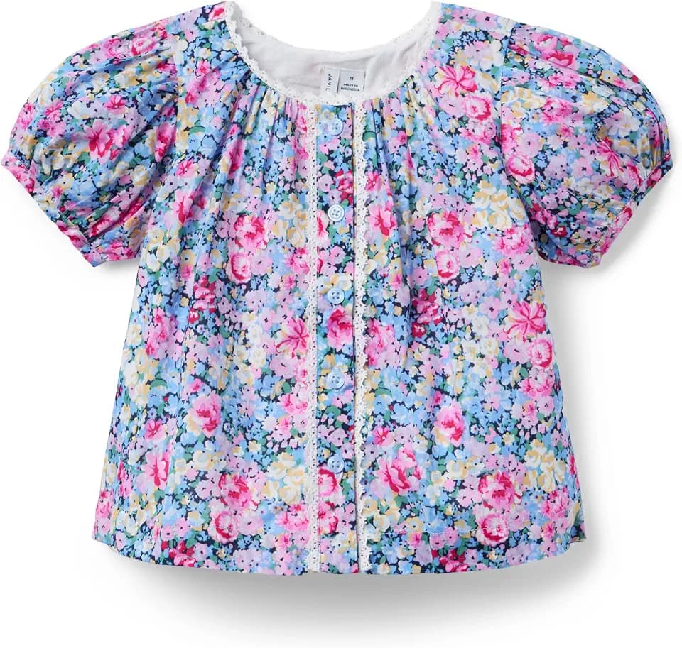 Janie and Jack Girls' Floral Puff Sleeve Top