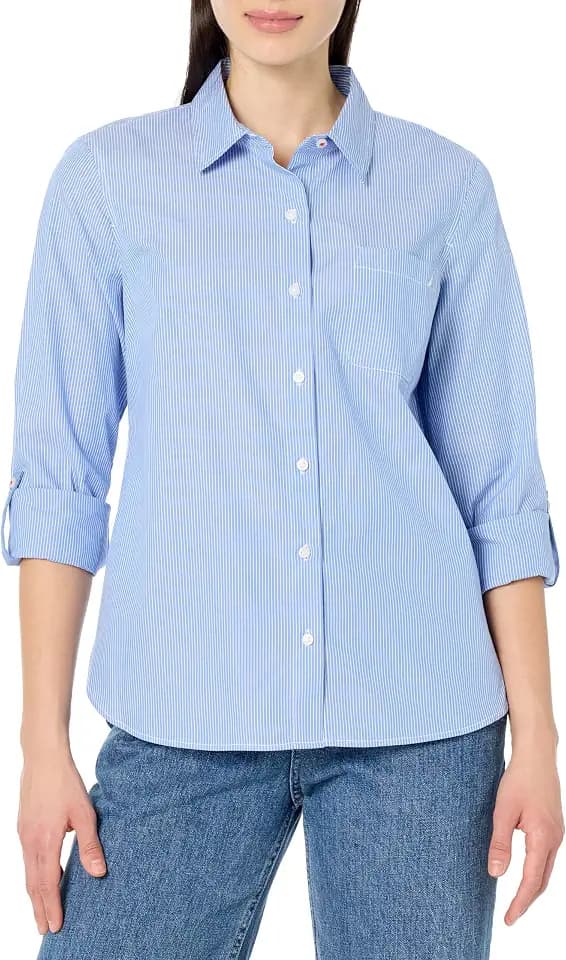Nautica Women's Button Front Long Sleeve Roll Tab Shirt