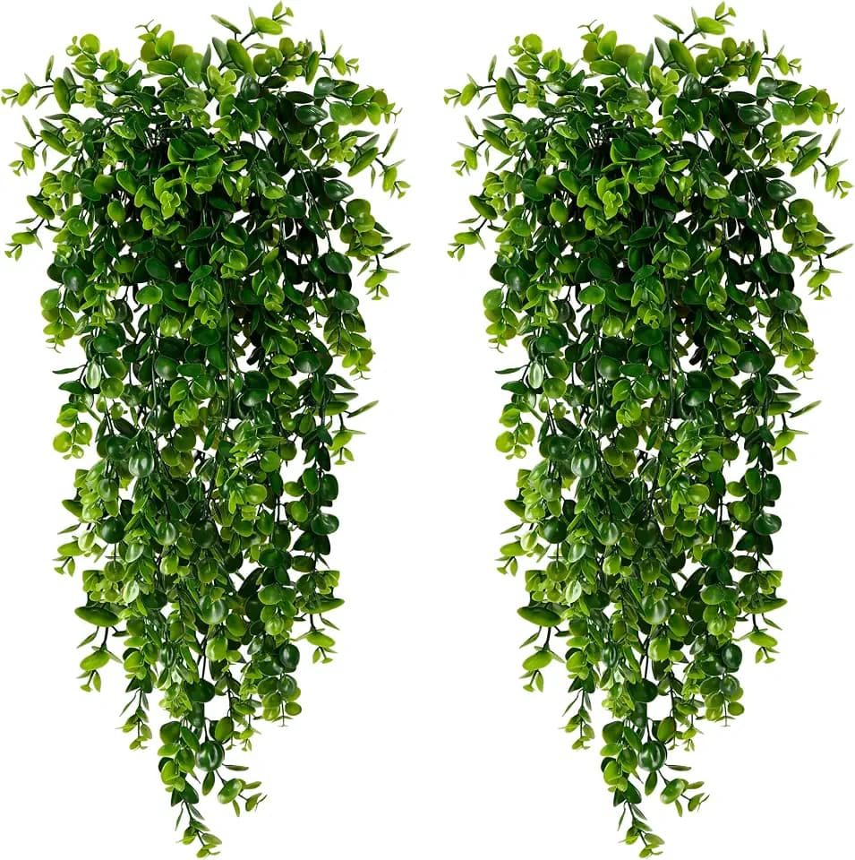 Sggvecsy 8 Pack Artificial Hanging Plants Fake Hanging Plant Faux Hanging Eucalyptus UV Resistant Plastic Plants for Indoor Outdoor Room Wall Wedding Patio Porch Decor