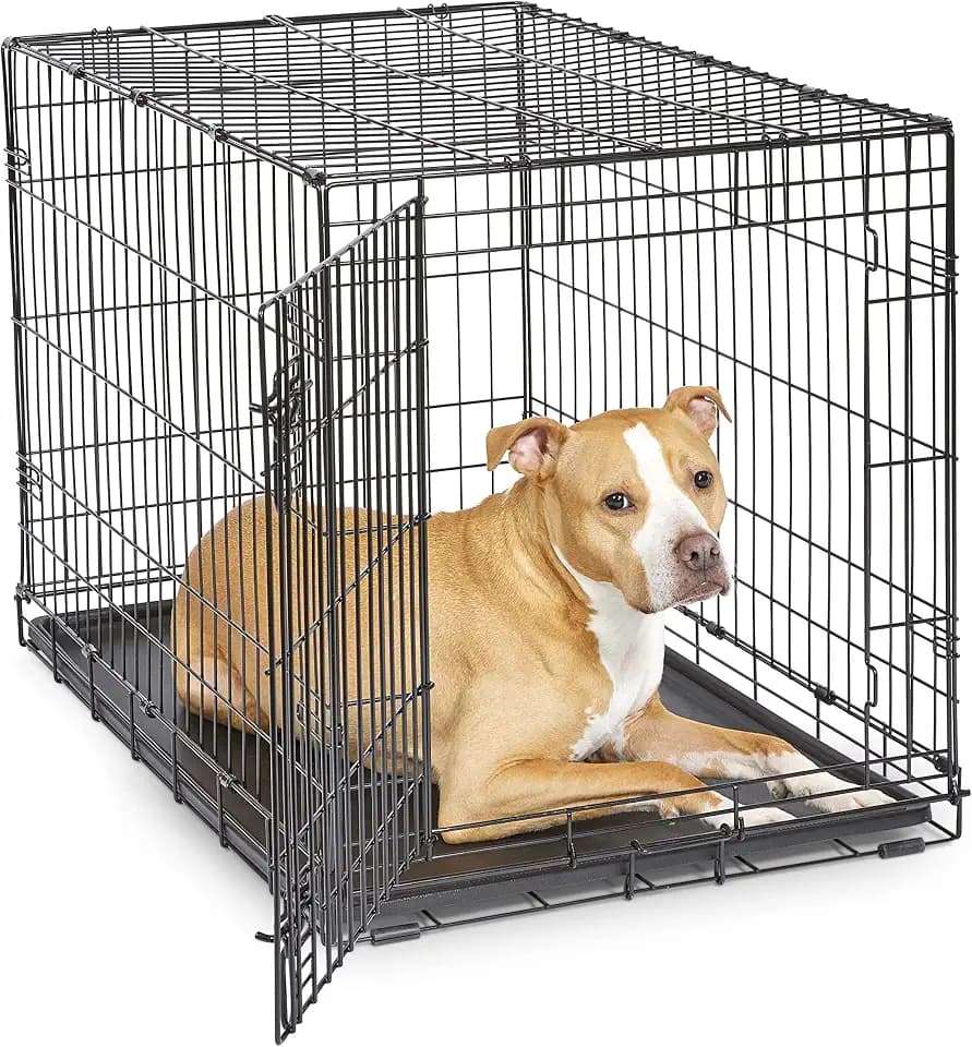 Eintürige, zusammenklappbare Metall-Hundebox, 91 cm, verbesserte Sicherheit, inkl. auslaufsicherer Wanne, für mittelgroße bis große Rassen