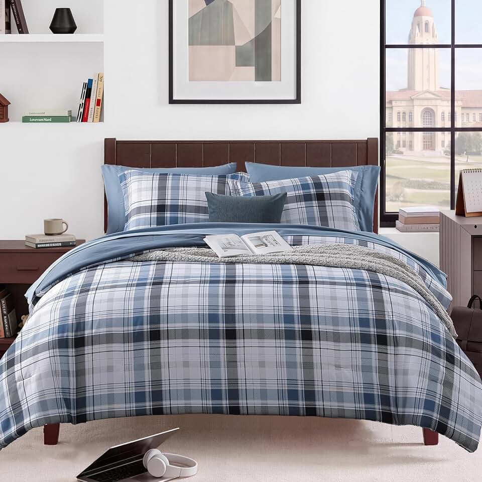 MaiRêve Plaid Twin XL Comforter Set Lake Blue 5 Pieces Dorm Bed in a Bag