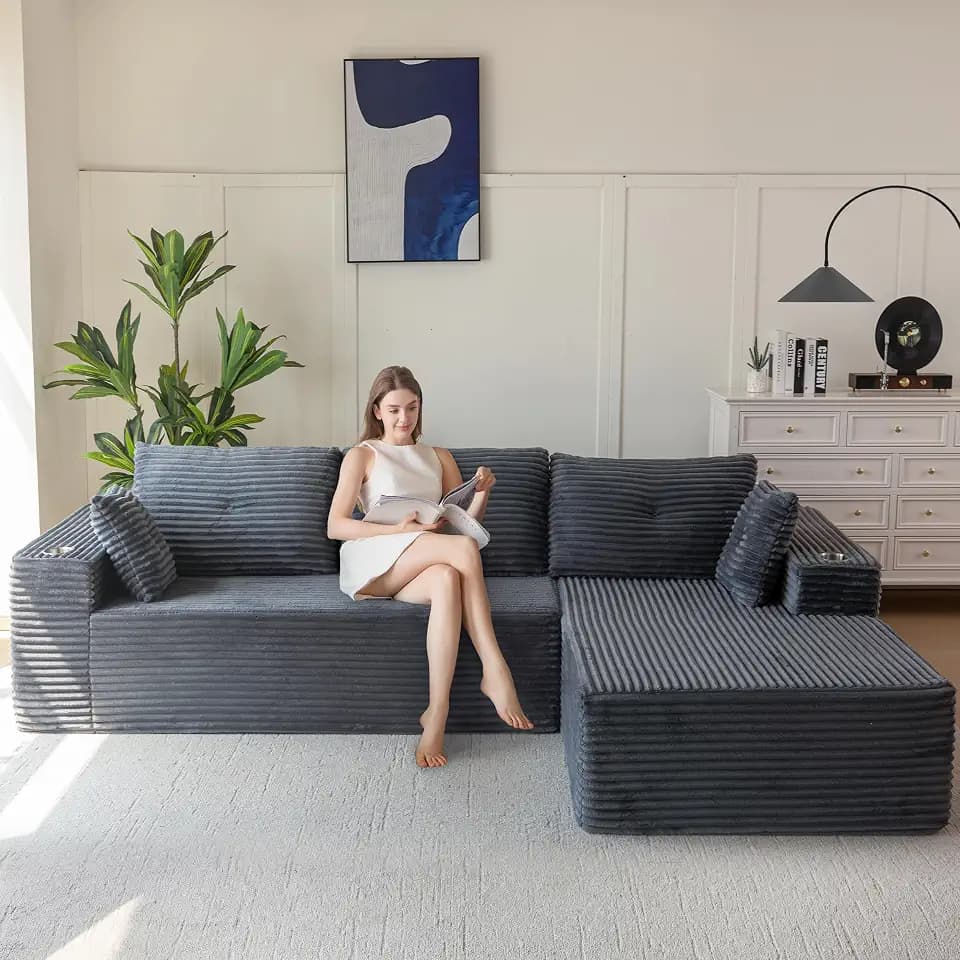 MAXYOYO Modulares Sofa und Chaiselongue, Cloud Boneless Couch, 3-4-Sitzer-Ecksofa Links/Rechts Verstellbar, Cordbezug, Übergroßes L-förmiges Schlafsofa für das Wohnzimmer, Keine Montage Erforderlich