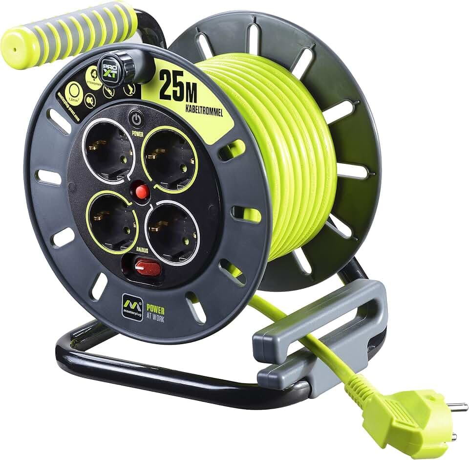 Masterplug Pro-XT Kabeltrommel Verlängerungskabel mit 4 Steckdosen, Wickelkurbel, Thermoschutz und Netzschalter, 25 Meter gut sichtbares Kabel