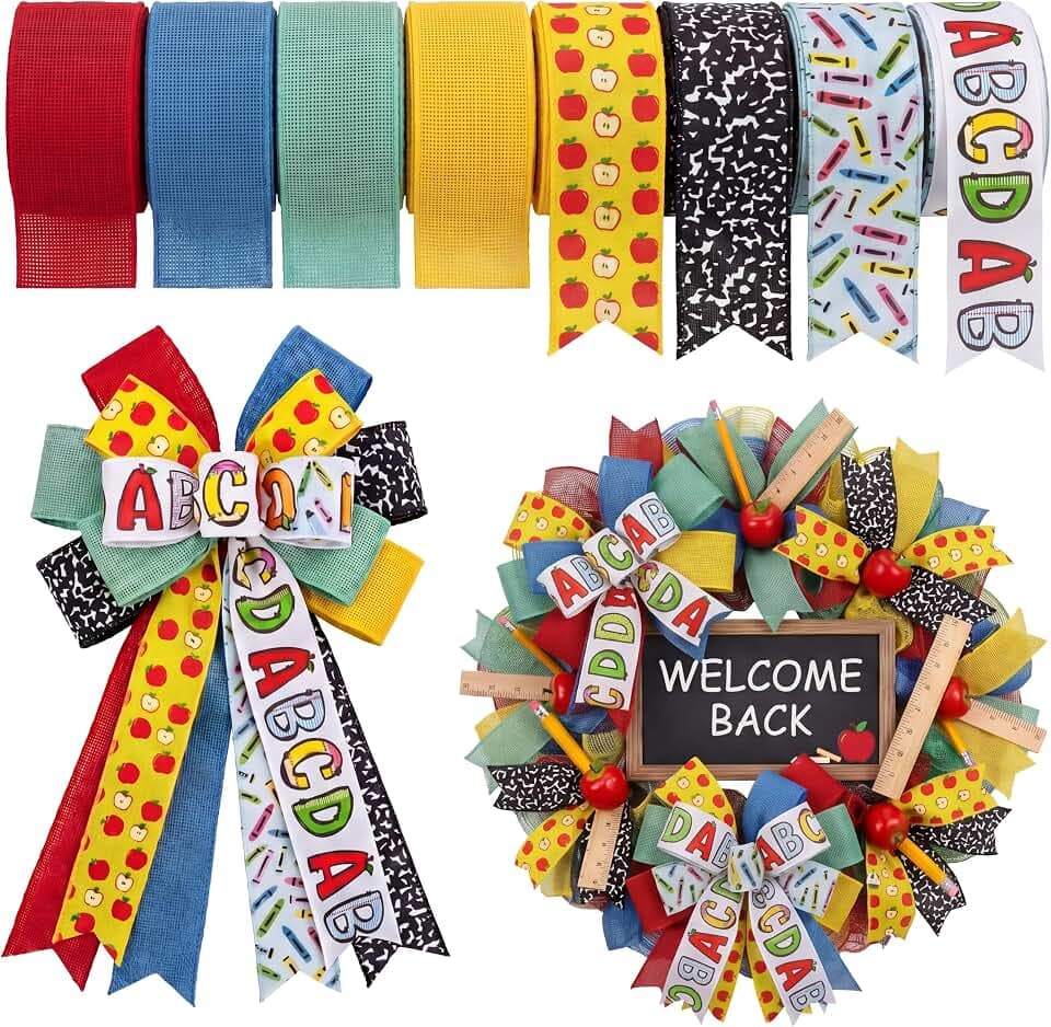 Knitgrip 8 Rolls Back to School Wired Ribbon 2.5", 2", 40 Yard Apple ABC