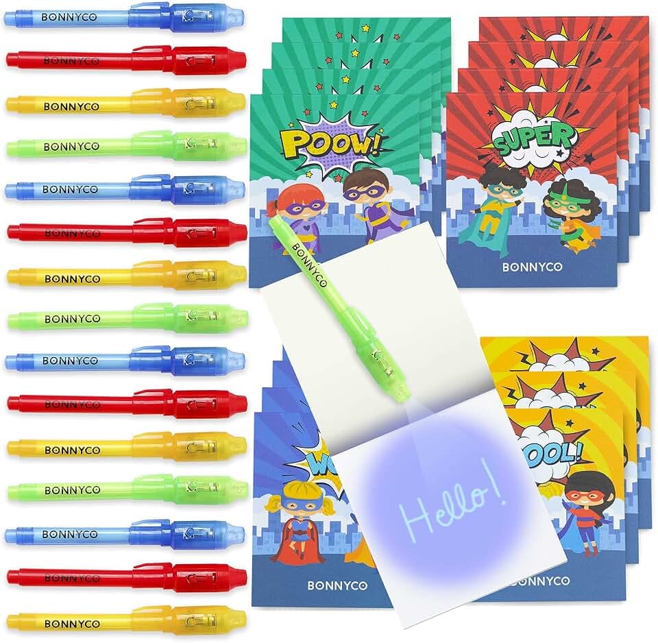BONNYCO UV Stift und Notizbuch, 16 Stück Superhelden Mitgebsel Kindergeburtstag. Kindergeburtstag Gastgeschenke, Kleine Geschenke für Kinder. Adventskalender Superhelden Geburtstagsdeko