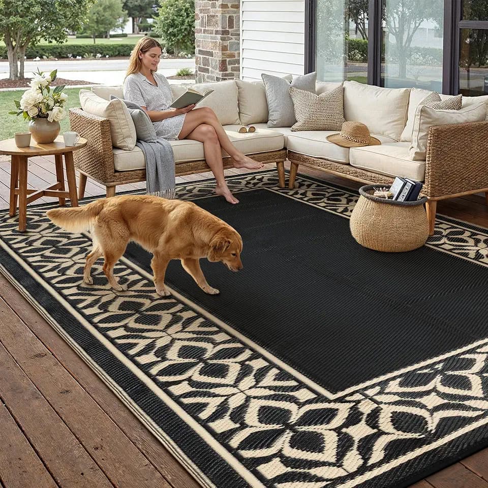 PureCozy 6x9 Outdoor Rug Black Beige Geometric