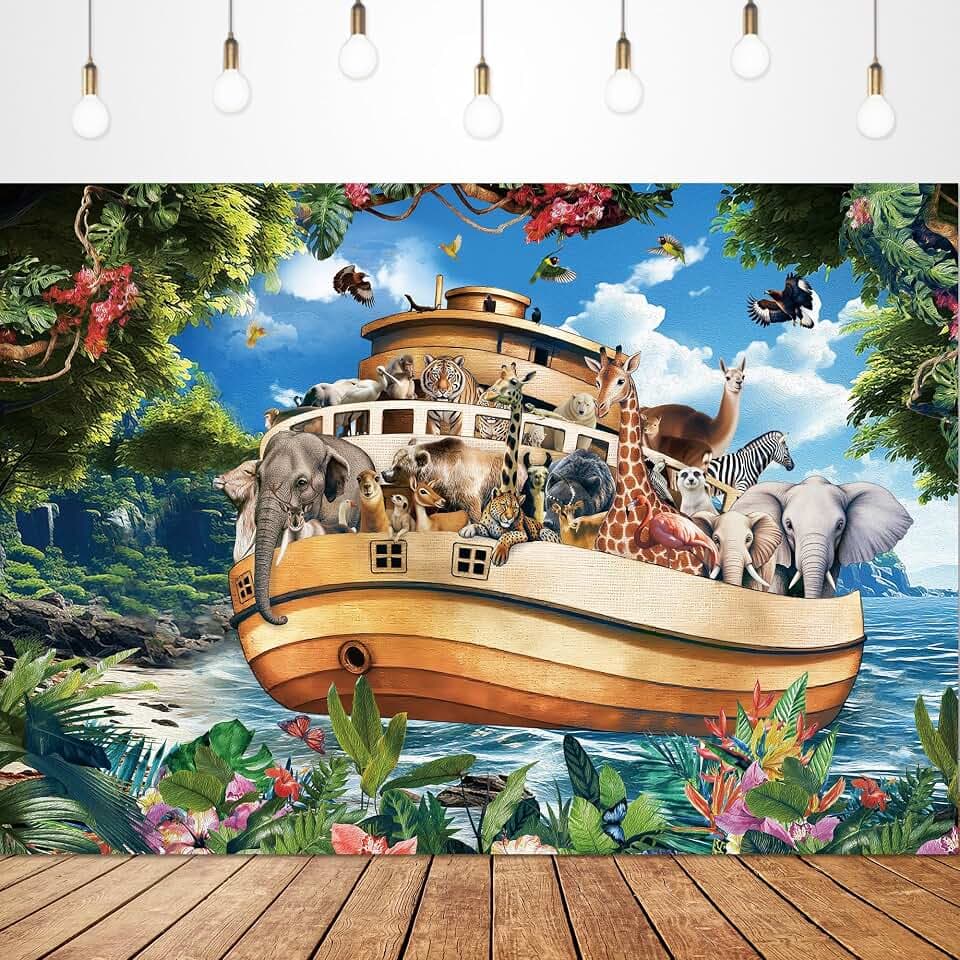 Noahs Ark Safari Animal Tropical Leave Backdrop 5x3ft Party Decorations